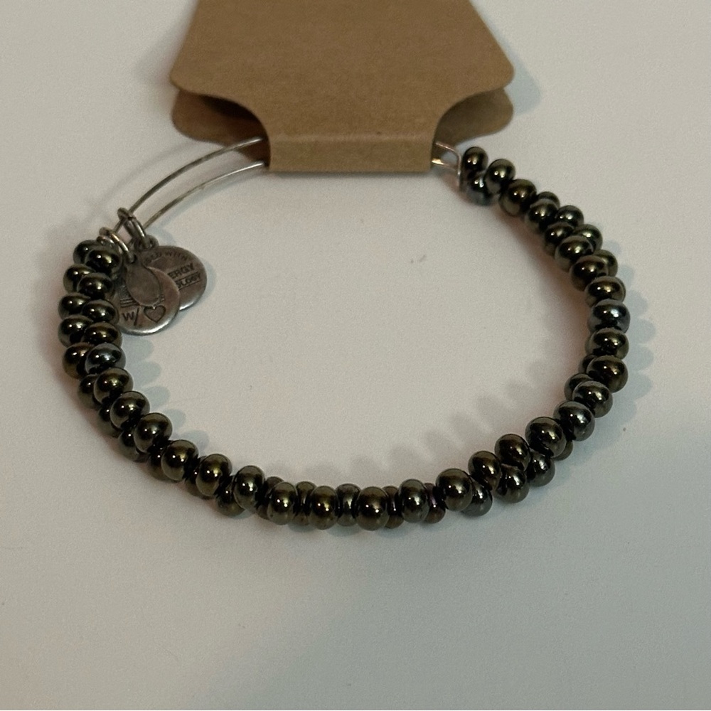 Alex & Ani + Energy Caviar Charcoal Grey Glass Bead Metallic Silver Bracelet
